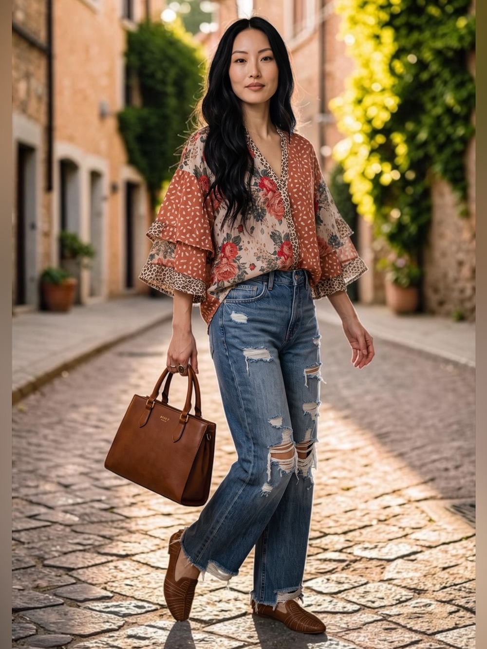 Umgee Rust and Cream Floral Patchwork Kimono Top
